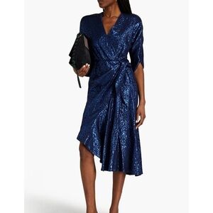 ETRO 2480$ NWT Wrap-effect Metallic Cloqué‎ Floral Ruched Dress Royal blue IT 40